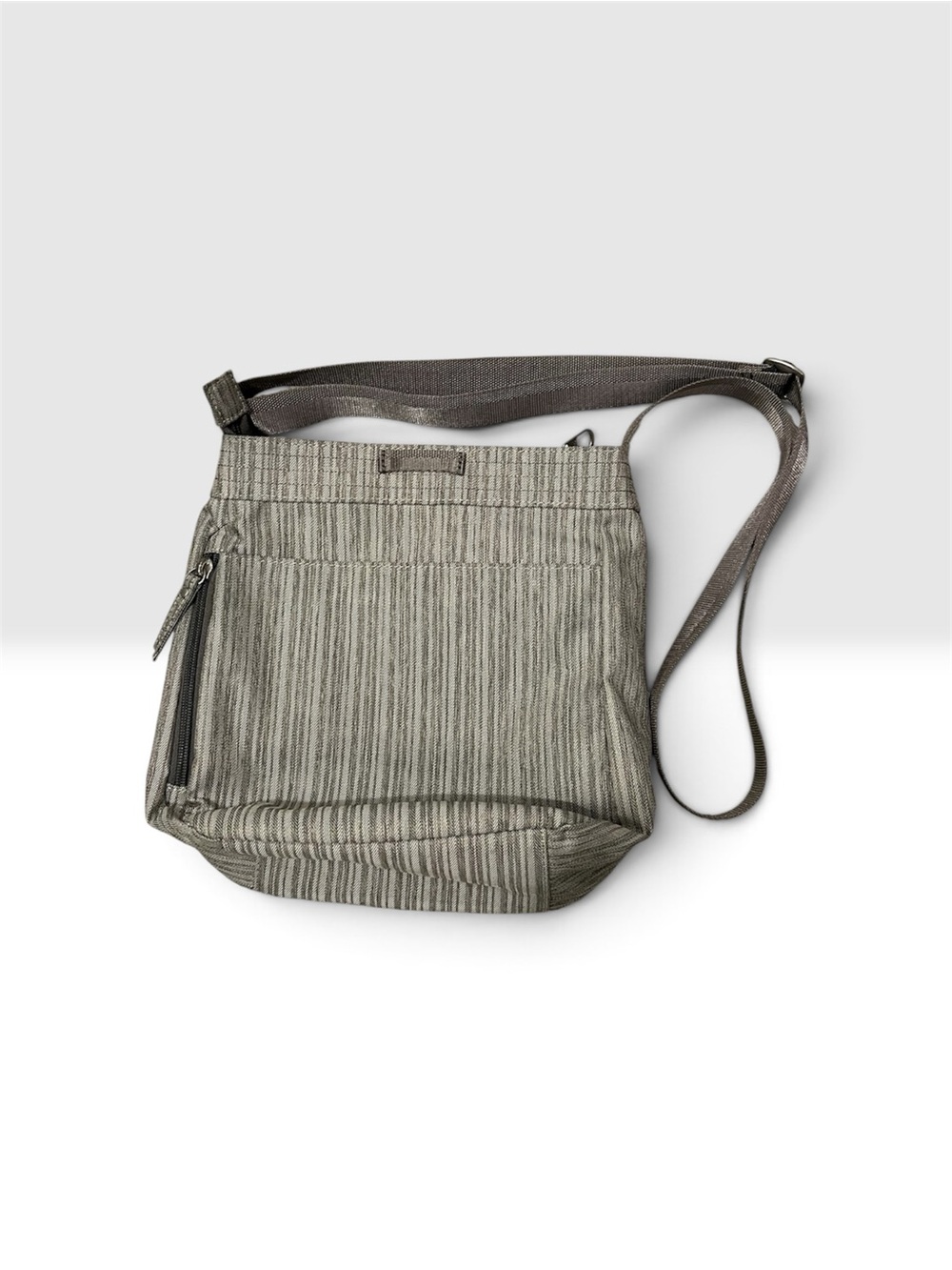 Haiku Jaunt Crossbody Purse in a Gray Striped Pattern. - Picture 2 of 10